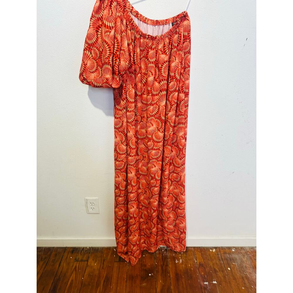 LOBOROSA Red Beige Shell Print One Shoulder Valeria Maxi Dress Size Small - Picture 3 of 11